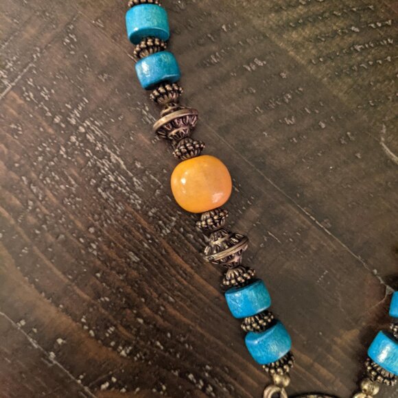 Beaded Boho Tribal Dangle Pendant Necklace Blue Wood Bells Statement Festival - Picture 3 of 6